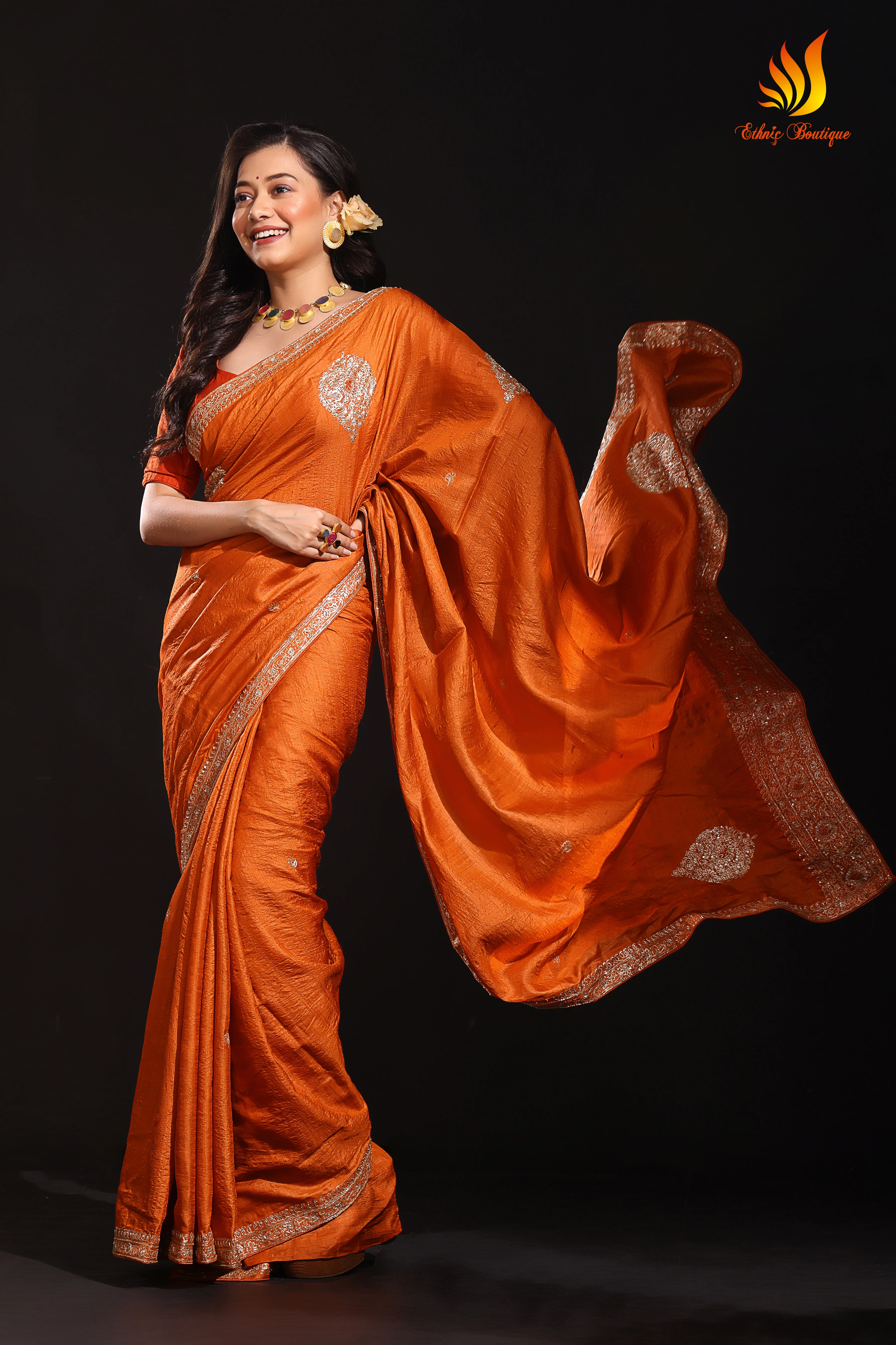 Tussar Zardosi Work Orange - Image 3